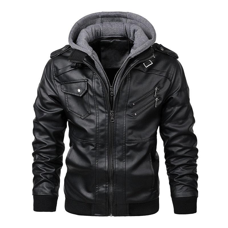 Men's black vintage motorcycle jacket featuring a removable hood and soft finish.