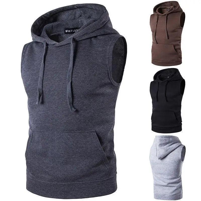 Men's solid color sleeveless hoodie with drawstring and pockets for gym workout