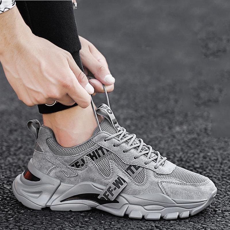 Men's high top breathable mesh walking sneakers in grey and white