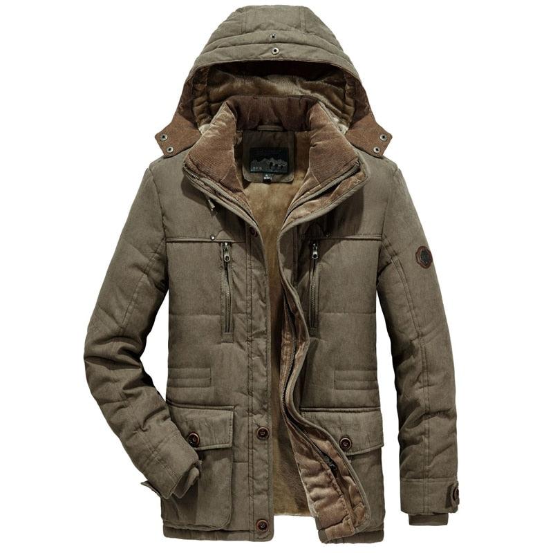 Men's waterproof hooded winter jacket with multiple utility pockets in a solid color