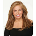 Woman wearing the long Mesmerized wig with multi-tonal brown and blonde highlights