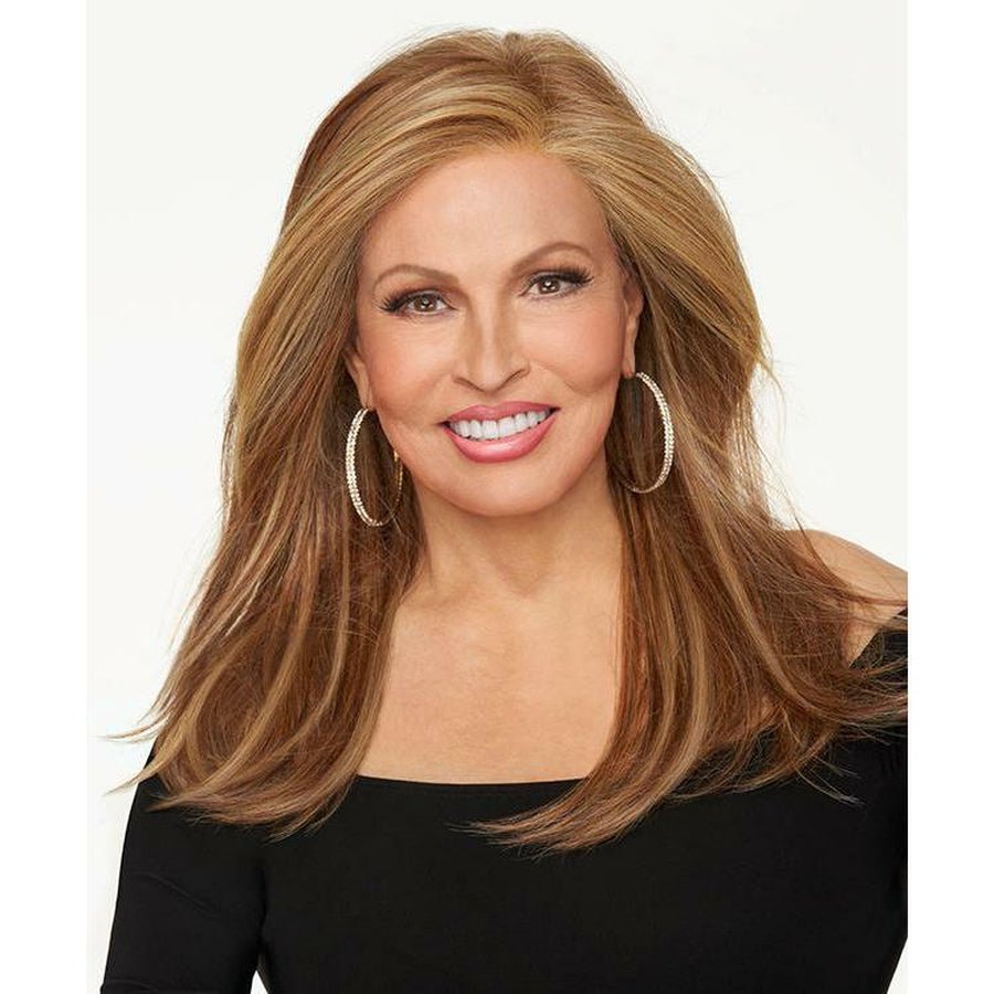 Woman wearing the long Mesmerized wig with multi-tonal brown and blonde highlights