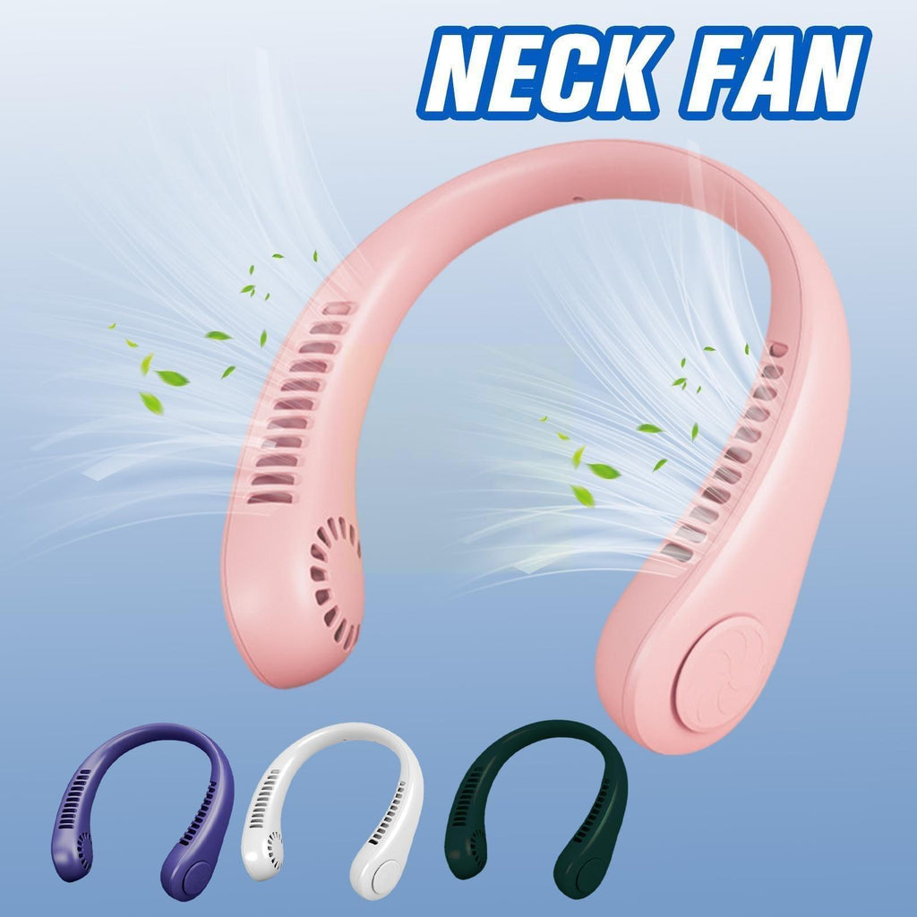 Minimalist bladeless neck fan in pink, white, green, and blue for hands-free cooling.