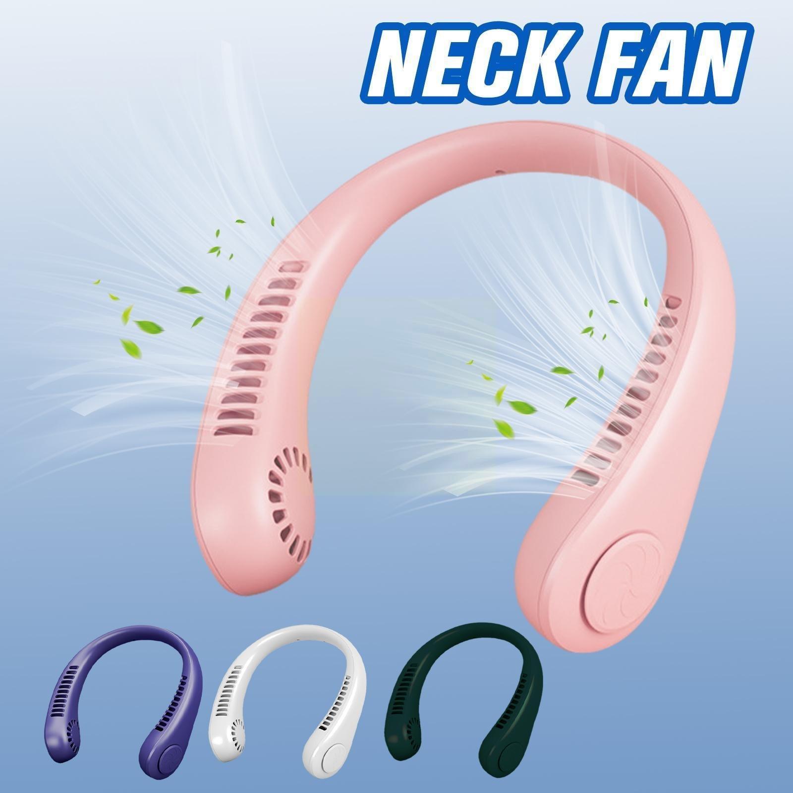 Minimalist bladeless neck fan in pink, white, green, and blue for hands-free cooling.