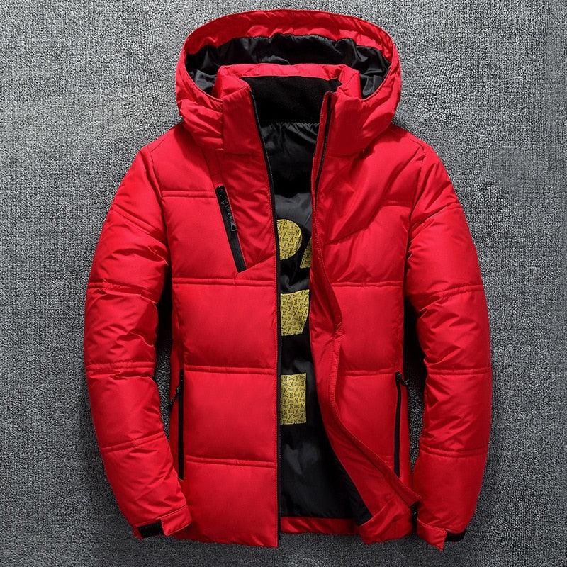 Men's Modern Red Hooded Winter Jacket - Insulated Warm Outdoor Coat