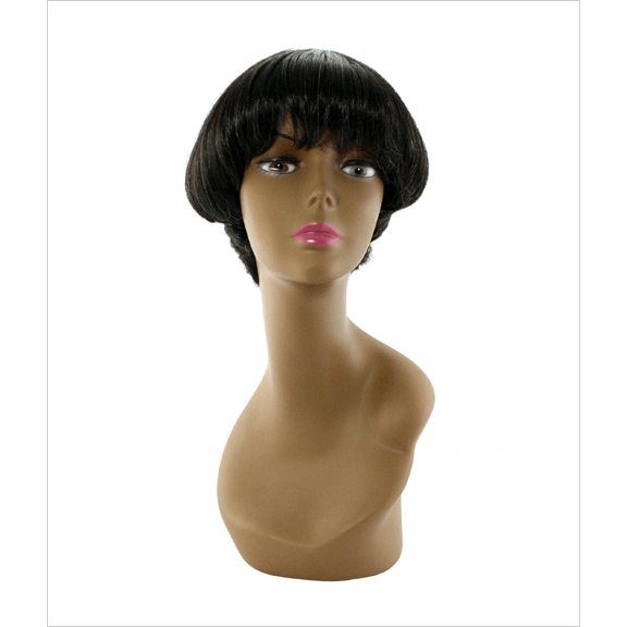 A stylish, deep jet black New Orleans Synthetic Wig with a minimalist and retro design aesthetic.