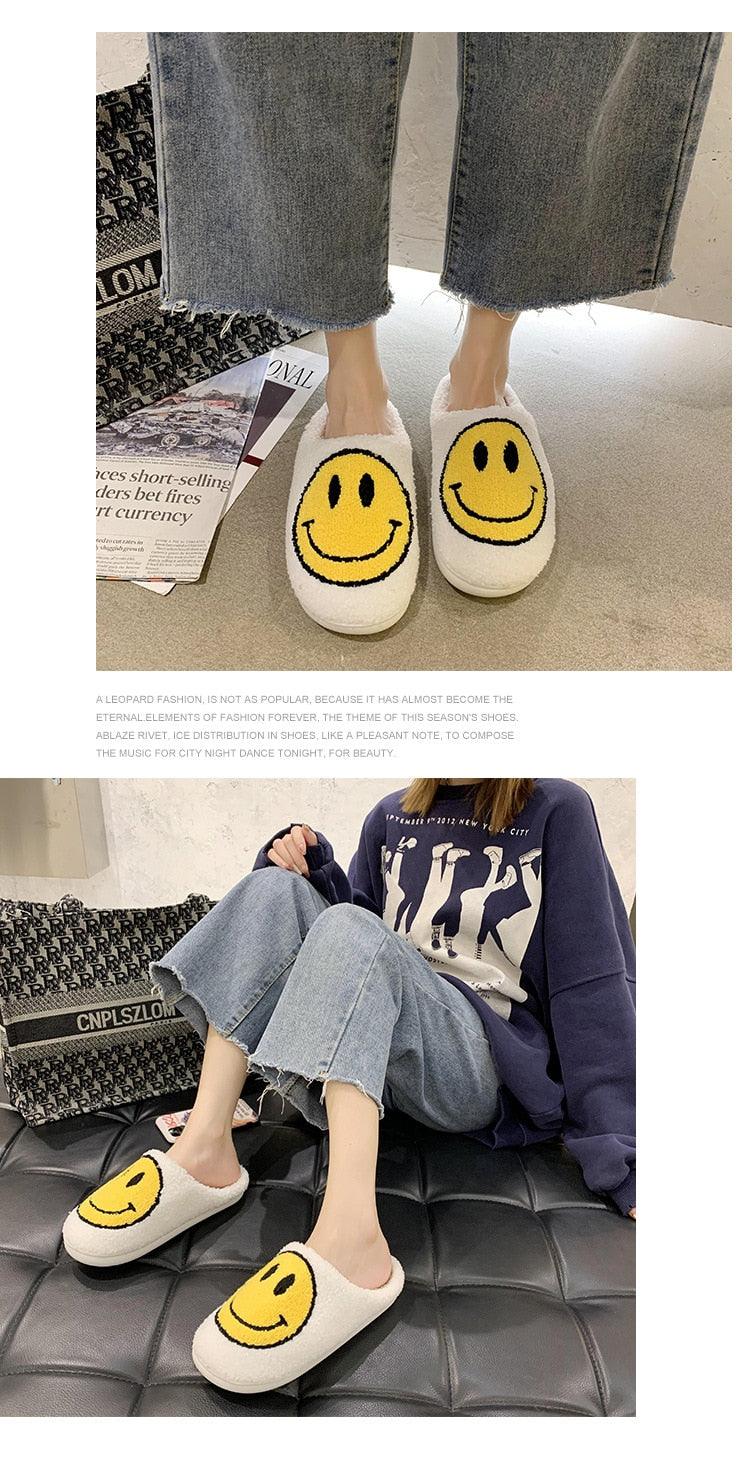 Pink Smiley Face Slippers: Plush Retro Happy Face House Sandals