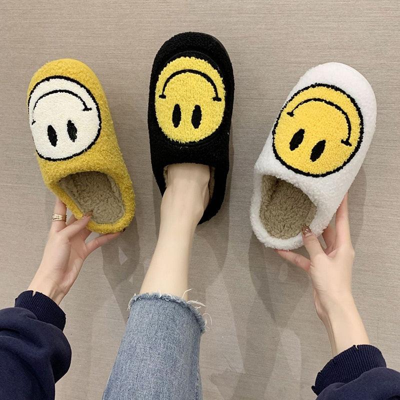 Pink Smiley Face Slippers: Plush Retro Happy Face House Sandals