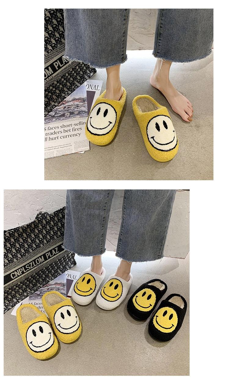 Pink Smiley Face Slippers: Plush Retro Happy Face House Sandals
