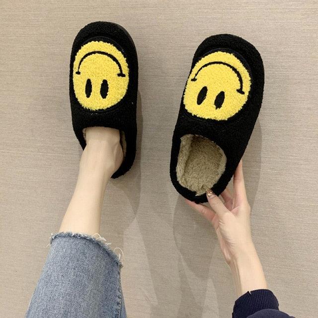 Pink Smiley Face Slippers: Plush Retro Happy Face House Sandals