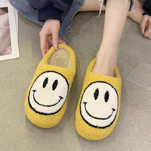 Pink Smiley Face Slippers: Plush Retro Happy Face House Sandals