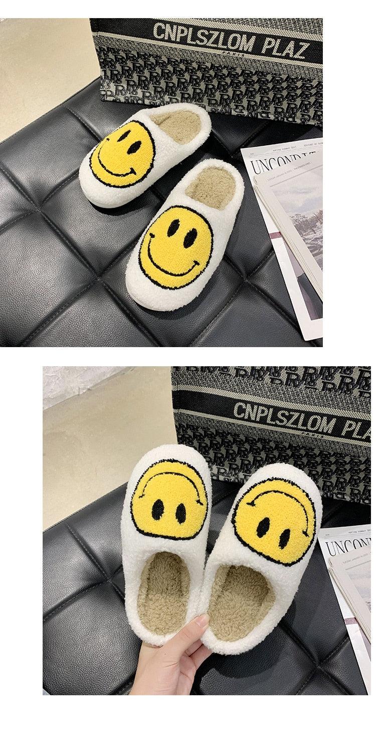 Pink Smiley Face Slippers: Plush Retro Happy Face House Sandals
