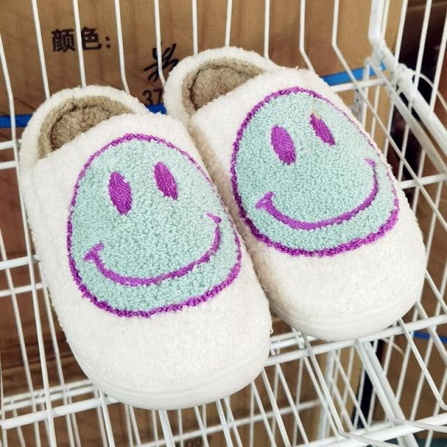 Pink Smiley Face Slippers: Plush Retro Happy Face House Sandals