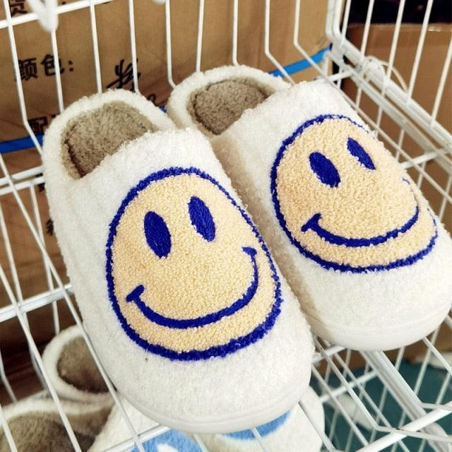 Pink Smiley Face Slippers: Plush Retro Happy Face House Sandals