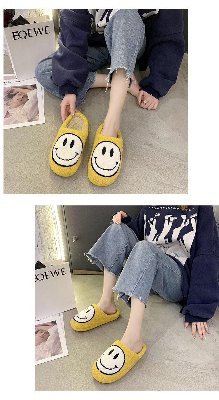 Pink Smiley Face Slippers: Plush Retro Happy Face House Sandals