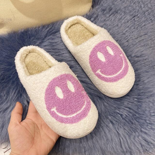 Pink Smiley Face Slippers: Plush Retro Happy Face House Sandals