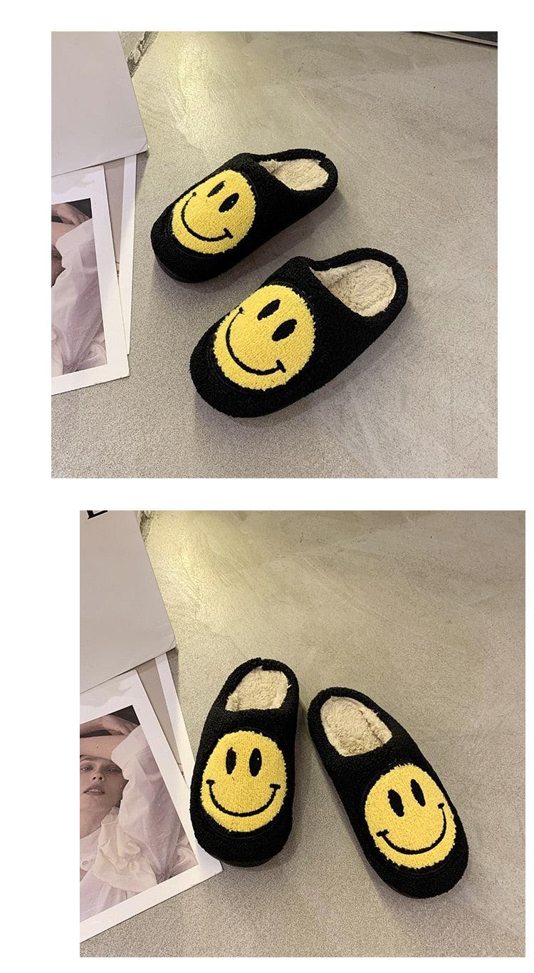 Pink Smiley Face Slippers: Plush Retro Happy Face House Sandals