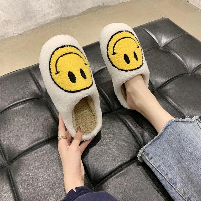 Pink Smiley Face Slippers: Plush Retro Happy Face House Sandals