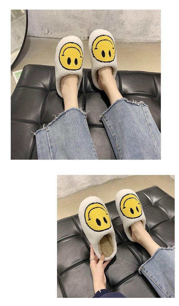 Pink Smiley Face Slippers: Plush Retro Happy Face House Sandals