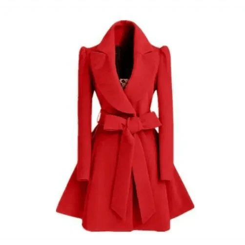 Women's Long Woolen Windbreaker Overcoat Red Autumn Winter Jacket