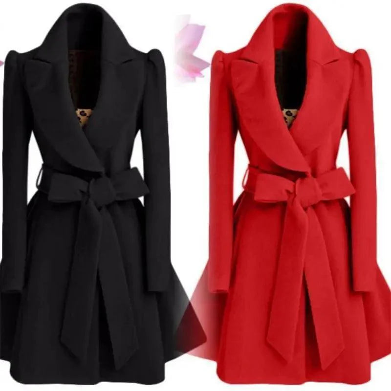 Women's Long Woolen Windbreaker Overcoat Red Autumn Winter Jacket