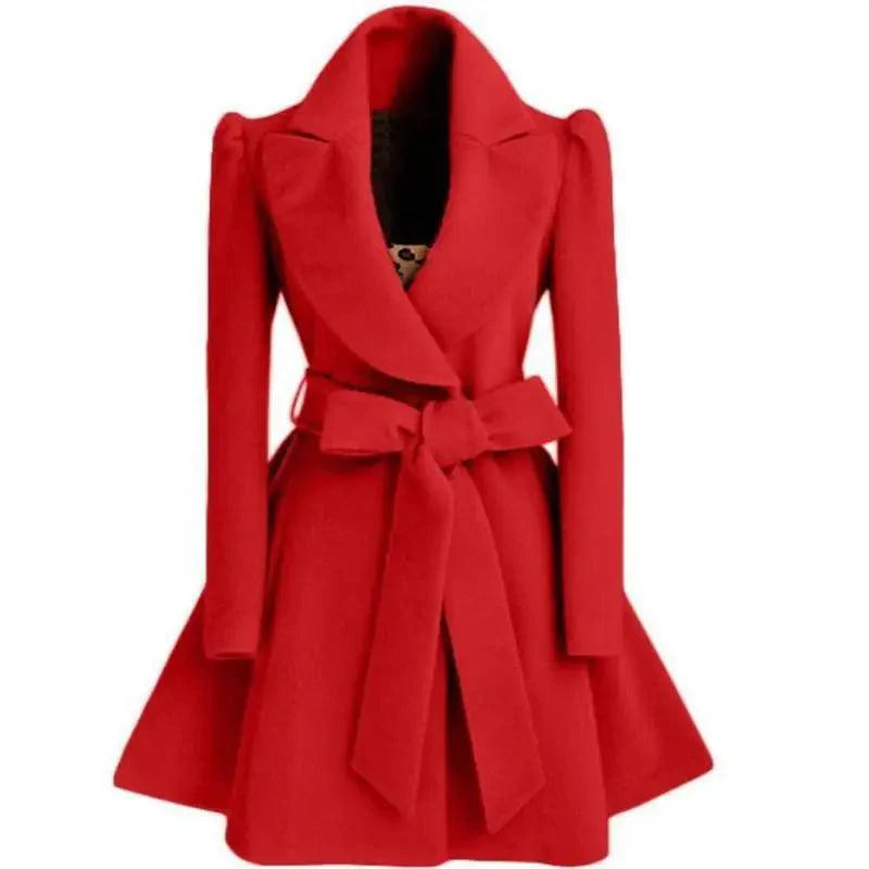 Women's Long Woolen Windbreaker Overcoat Red Autumn Winter Jacket