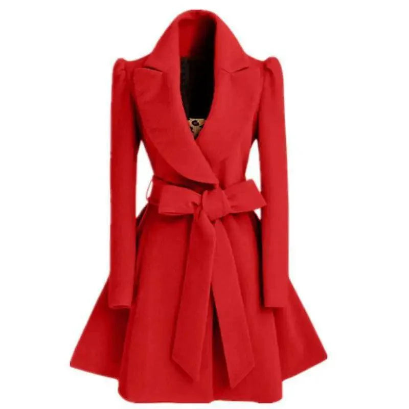Women's Long Woolen Windbreaker Overcoat Red Autumn Winter Jacket