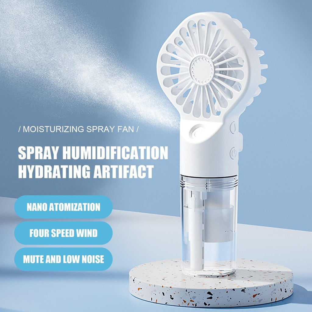 A sleek, minimalist handheld misting fan in white, pink, or black available for personal cooling.