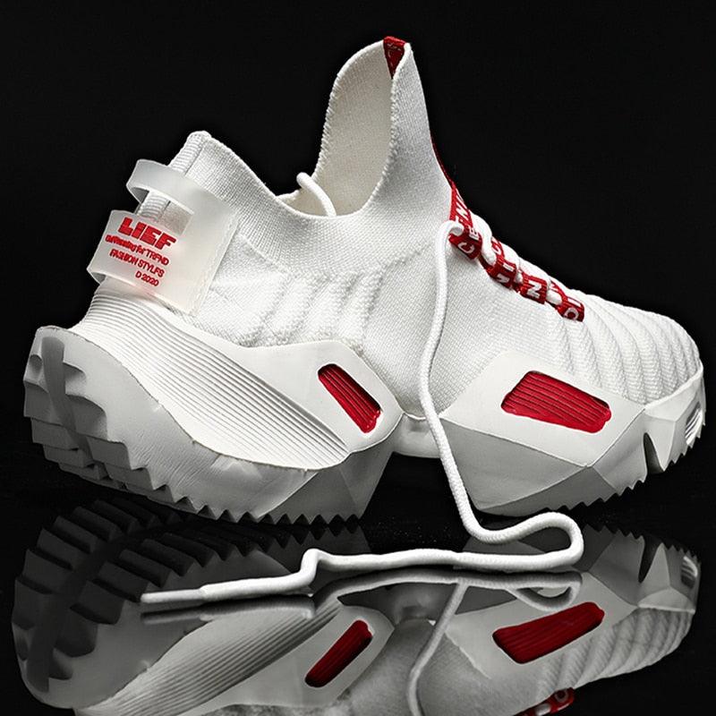 Men's lightweight white and red knit jogging sneakers with durable PVC outsole