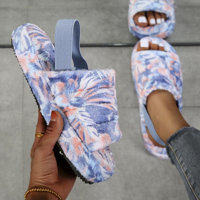 Floral Print Faux Fur Open-Toe Women's House Slippers