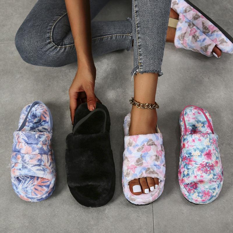 Floral Print Faux Fur Open-Toe Women's House Slippers