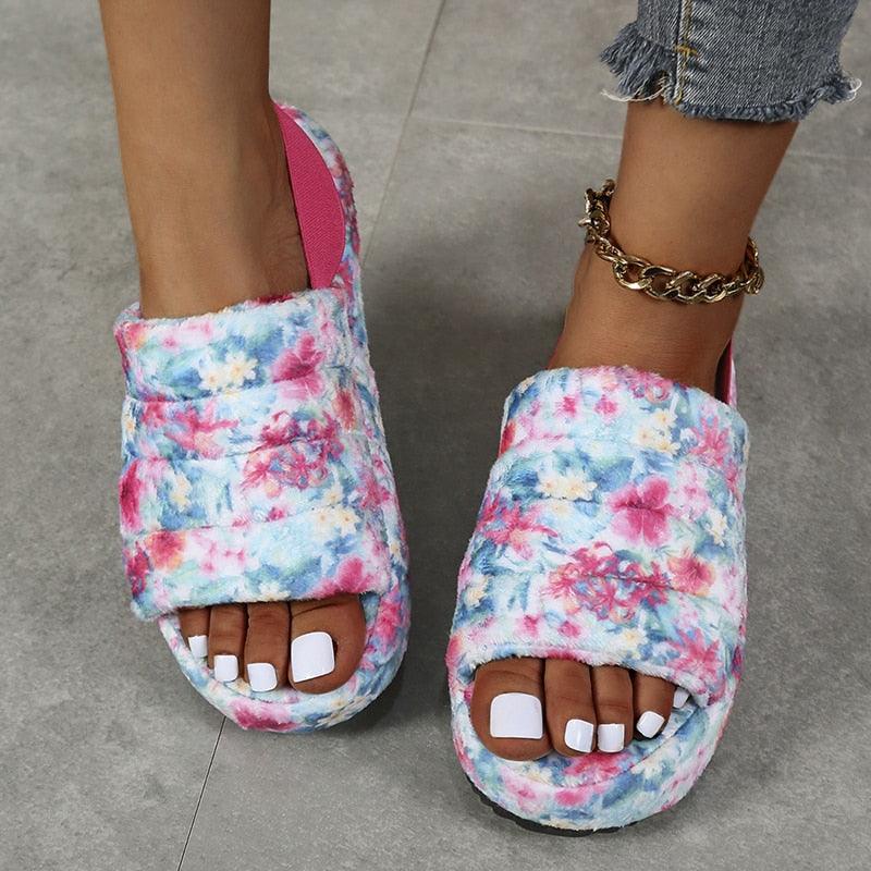 Women's floral print open-toe slippers with plush faux fur and memory foam sole