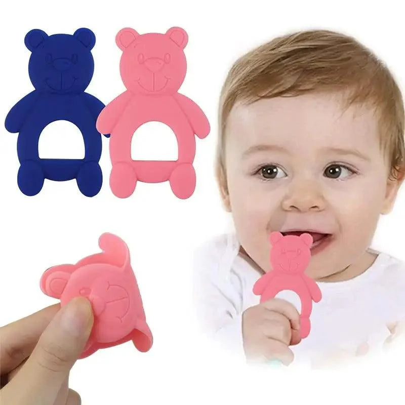 Minimalist bear-shaped silicone and wood baby teether in pink or blue