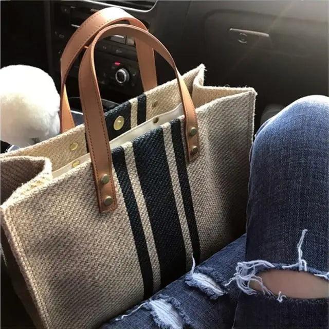 Vintage Striped Large-Capacity Tote Bag for Daily Travel & Work