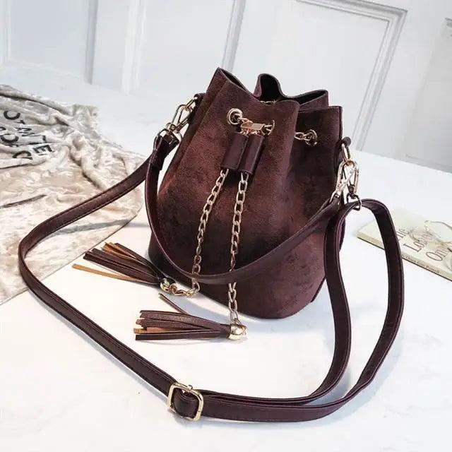 Mini Bucket Crossbody Bag with Tassel and Drawstring Closure