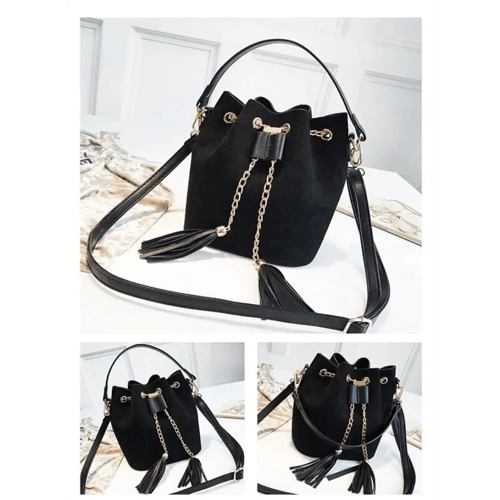 Mini Bucket Crossbody Bag with Tassel and Drawstring Closure