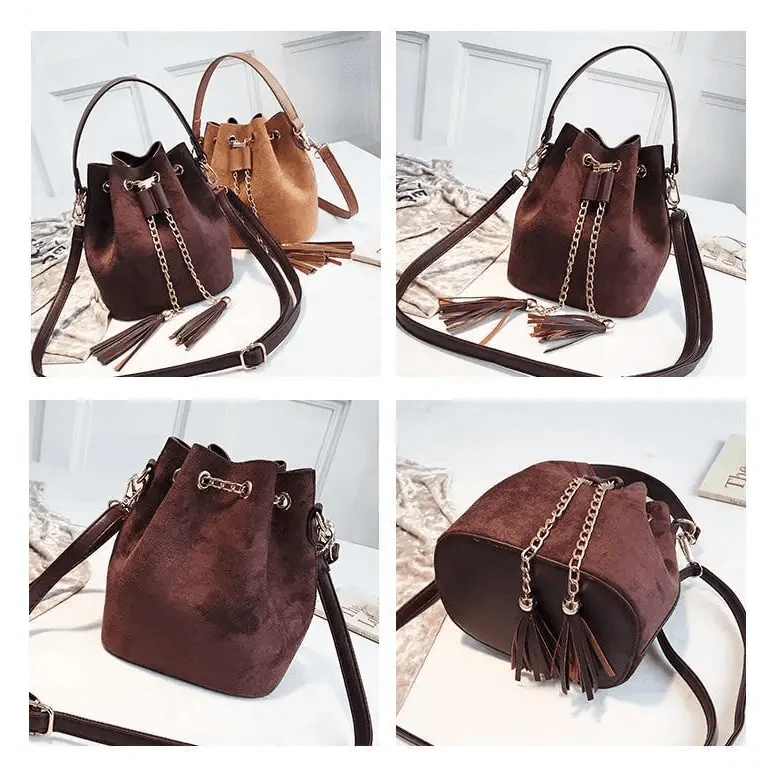 Mini Bucket Crossbody Bag with Tassel and Drawstring Closure