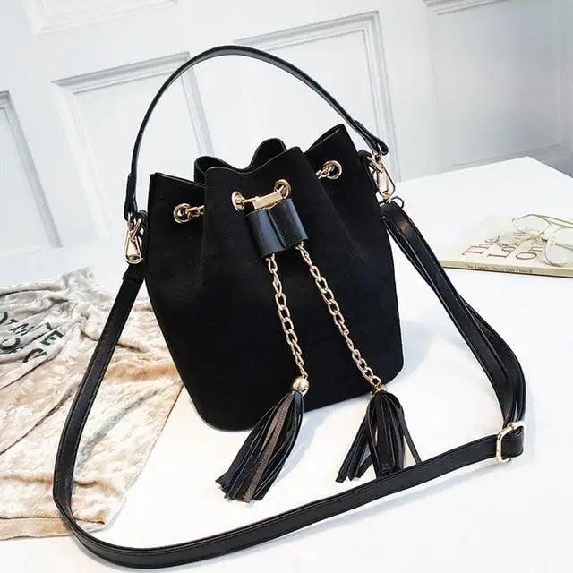 Mini Bucket Crossbody Bag with Tassel and Drawstring Closure