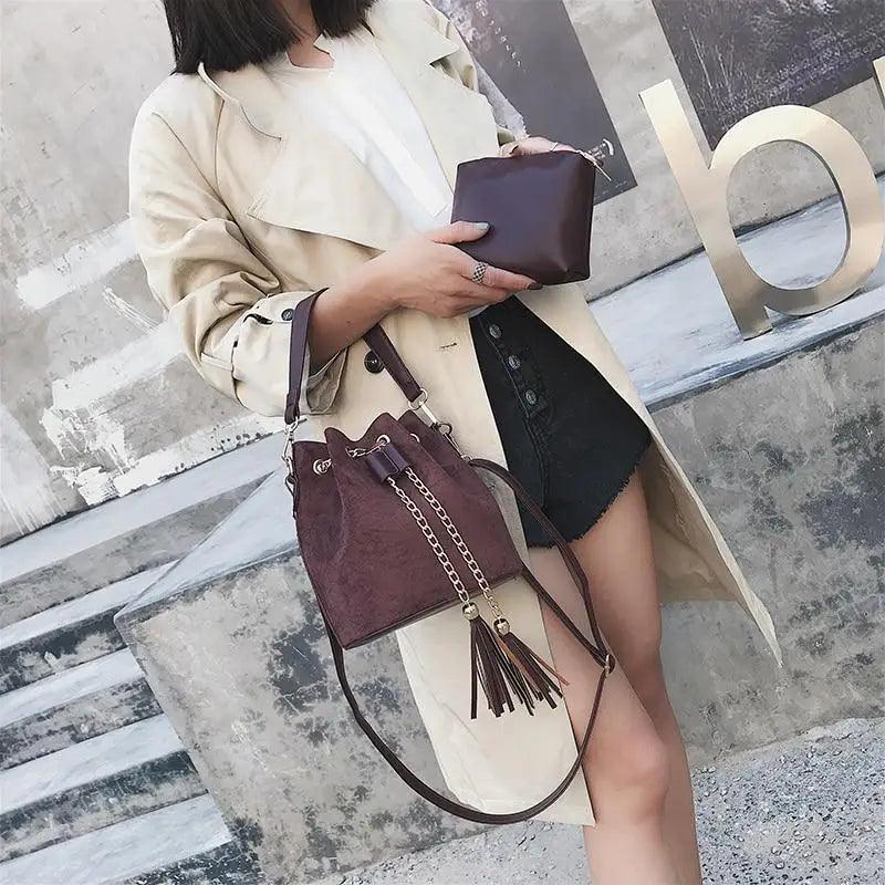 Mini Bucket Crossbody Bag with Tassel and Drawstring Closure