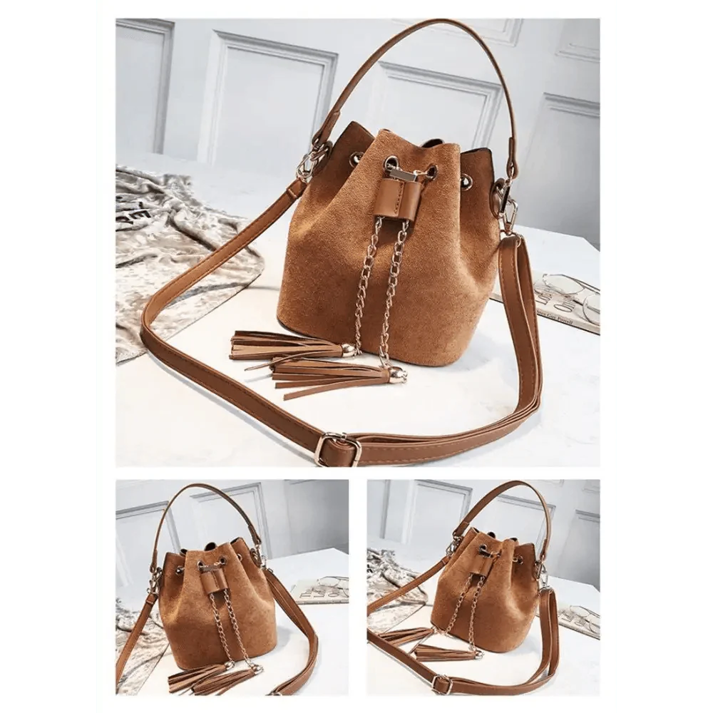 Mini Bucket Crossbody Bag with Tassel and Drawstring Closure