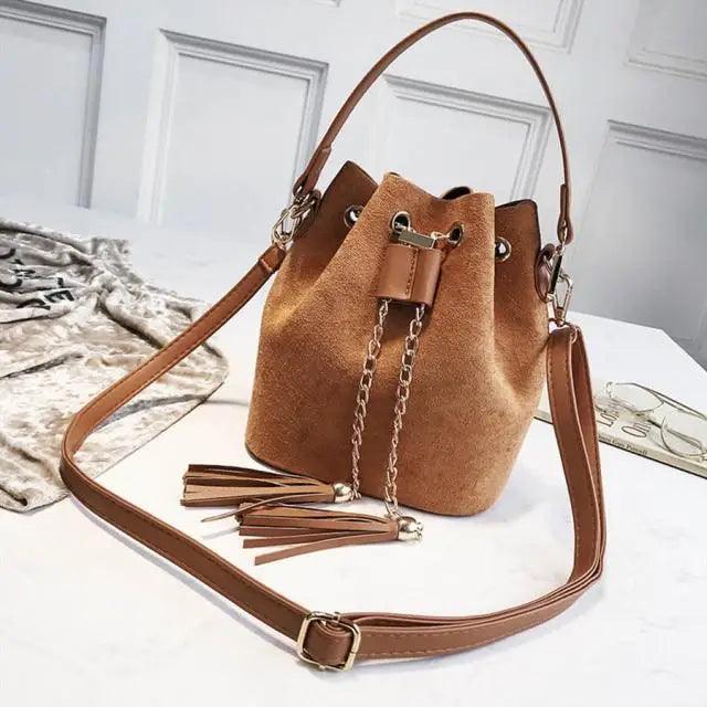 Mini Bucket Crossbody Bag with Tassel and Drawstring Closure