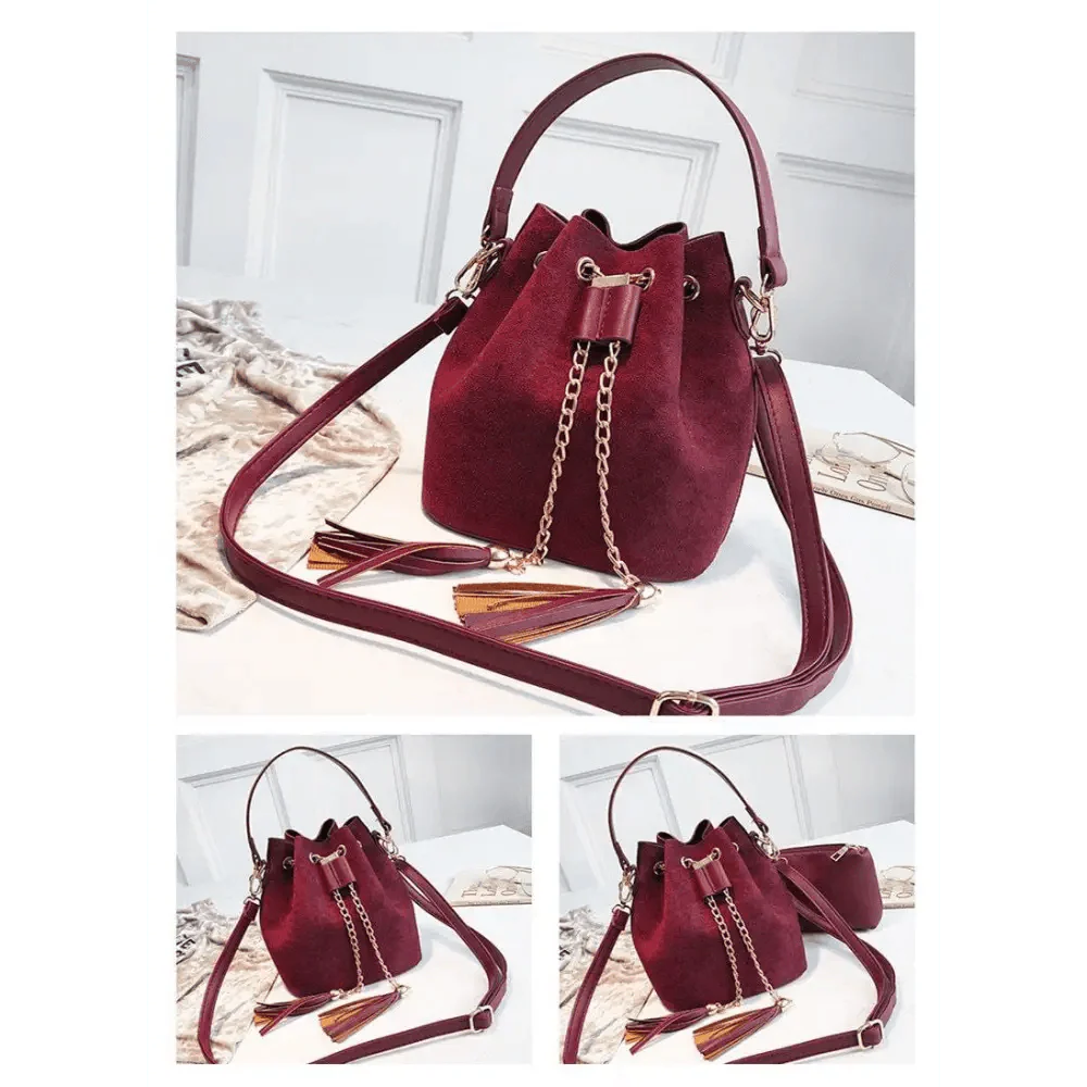 Mini Bucket Crossbody Bag with Tassel and Drawstring Closure