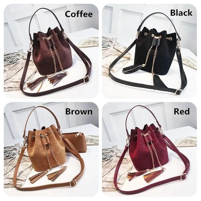 Mini Bucket Crossbody Bag with Tassel and Drawstring Closure