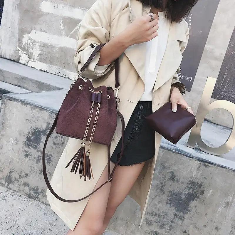 Mini Bucket Crossbody Bag with Tassel and Drawstring Closure