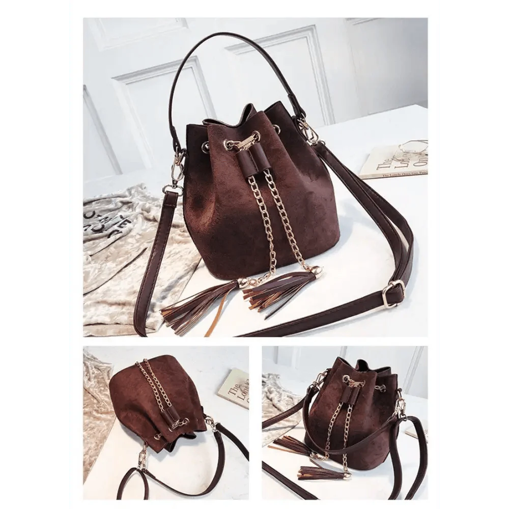Mini Bucket Crossbody Bag with Tassel and Drawstring Closure