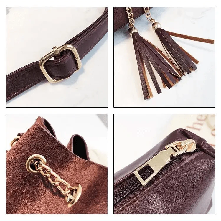 Mini Bucket Crossbody Bag with Tassel and Drawstring Closure