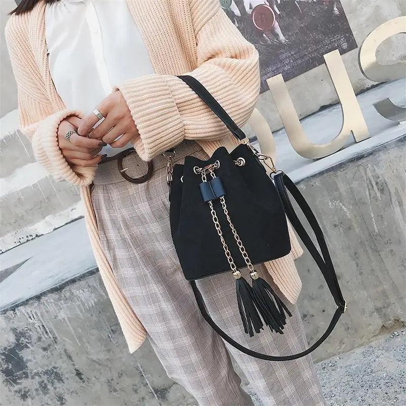 Mini Bucket Crossbody Bag with Tassel and Drawstring Closure