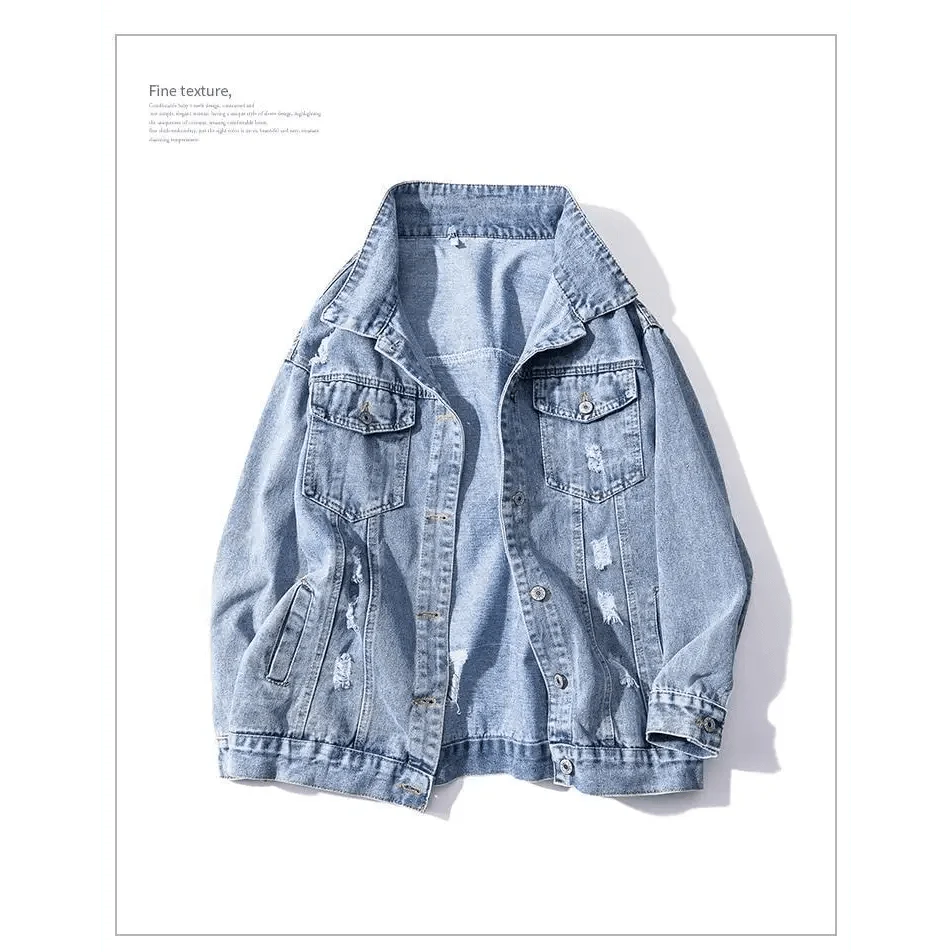 Women's Ripped Denim Trucker Jacket with Patchwork Letter Print