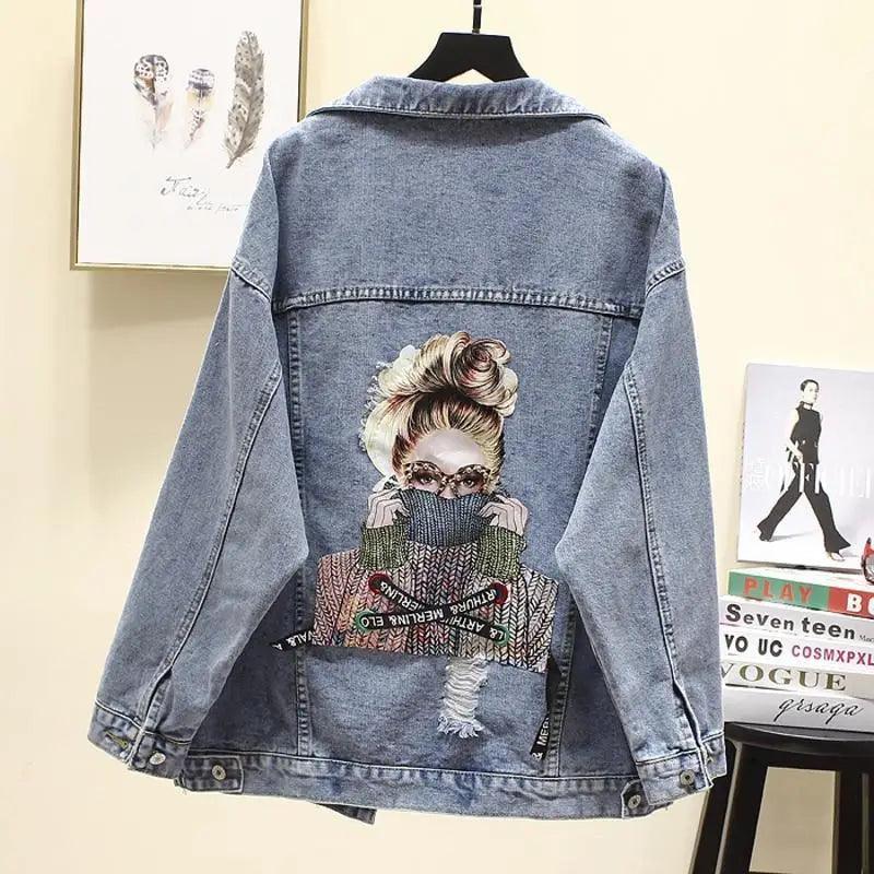 Women's Ripped Denim Trucker Jacket with Patchwork Letter Print