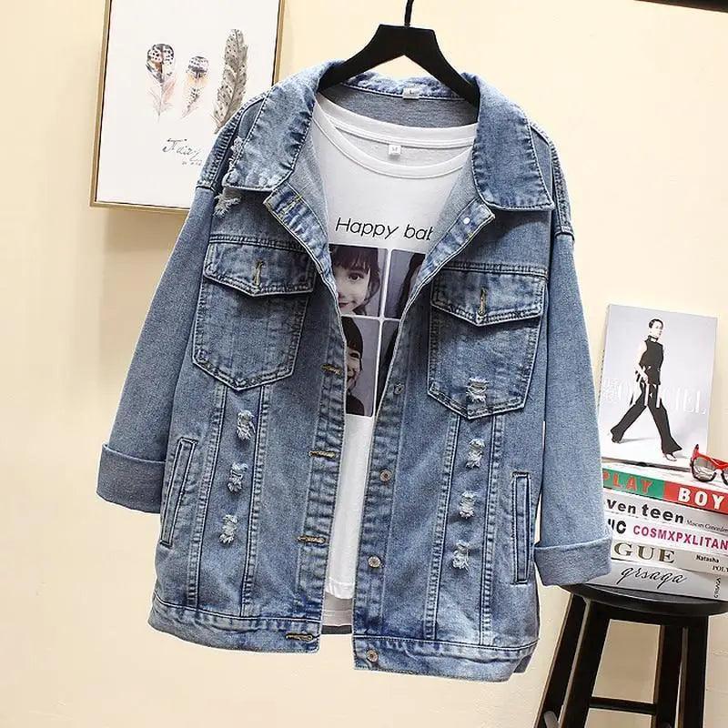 Women's Ripped Denim Trucker Jacket with Patchwork Letter Print